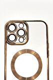 iPhone 13 Pro Max Uyumlu MagSafe Özellikli Altın Sarı Gold Renkli Kenarlı Lazerli Şeffaf Kılıf Lens Korumalı