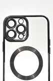 iPhone 13 Pro Max Uyumlu MagSafe Özellikli Siyah Renkli Kenarlı Lazerli Şeffaf Kılıf Lens Korumalı
