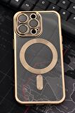 iPhone 13 Pro Uyumlu MagSafe Özellikli Altın Sarı Gold Renkli Kenarlı Lazerli Şeffaf Kılıf Lens Korumalı
