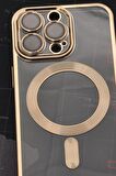 iPhone 13 Pro Uyumlu MagSafe Özellikli Altın Sarı Gold Renkli Kenarlı Lazerli Şeffaf Kılıf Lens Korumalı