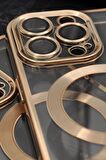 iPhone 13 Pro Uyumlu MagSafe Özellikli Altın Sarı Gold Renkli Kenarlı Lazerli Şeffaf Kılıf Lens Korumalı