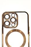 iPhone 13 Pro Uyumlu MagSafe Özellikli Altın Sarı Gold Renkli Kenarlı Lazerli Şeffaf Kılıf Lens Korumalı