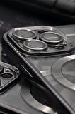 iPhone 13 Pro Uyumlu MagSafe Özellikli Siyah Renkli Kenarlı Lazerli Şeffaf Kılıf Lens Korumalı
