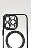 iPhone 13 Pro Uyumlu MagSafe Özellikli Siyah Renkli Kenarlı Lazerli Şeffaf Kılıf Lens Korumalı