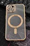 iPhone 13 Uyumlu MagSafe Özellikli Altın Sarı Gold Renkli Kenarlı Lazerli Şeffaf Kılıf Lens Korumalı
