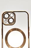 iPhone 13 Uyumlu MagSafe Özellikli Altın Sarı Gold Renkli Kenarlı Lazerli Şeffaf Kılıf Lens Korumalı