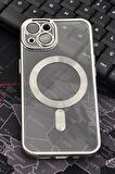 iPhone 14 Uyumlu MagSafe Özellikli Gümüş Gri Silver Renkli Kenarlı Lazerli Şeffaf Kılıf Lens Korumalı