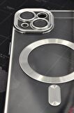 iPhone 14 Uyumlu MagSafe Özellikli Gümüş Gri Silver Renkli Kenarlı Lazerli Şeffaf Kılıf Lens Korumalı
