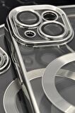 iPhone 14 Uyumlu MagSafe Özellikli Gümüş Gri Silver Renkli Kenarlı Lazerli Şeffaf Kılıf Lens Korumalı