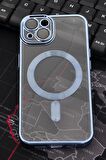 iPhone 14 Uyumlu MagSafe Özellikli Saks Mavi Renkli Kenarlı Lazerli Şeffaf Kılıf Lens Korumalı
