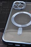 iPhone 14 Uyumlu MagSafe Özellikli Saks Mavi Renkli Kenarlı Lazerli Şeffaf Kılıf Lens Korumalı