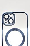 iPhone 14 Uyumlu MagSafe Özellikli Saks Mavi Renkli Kenarlı Lazerli Şeffaf Kılıf Lens Korumalı