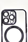 iPhone 14 Pro Uyumlu MagSafe Özellikli Mor Renkli Kenarlı Lazerli Şeffaf Kılıf Lens Korumalı