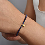 14 Ayar Altın Kaplama  Lapis Lazuli Doğal Taşlı Yıldız Gümüş Bileklik - BGS00107