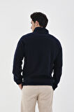 Erkek Nakışlı Polar Sweatshirt Dik Yaka Yarım Fermuar Beli Lastikli