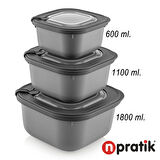 NPratik Elegant Storage Box Saklama kabı seti 3 parça vakumlu kapak mikrodalga ve buzdolabına uygun Gri