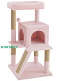 Demonte Kurulabilir Katlı Teraslı Welsoft Kumaşlı Jüt İp Tırmalamalı Kedi Yuvası Pembe