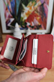 Çok Bölmeli Hakiki Deri Kartlık Cüzdan Kırmızı