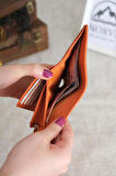 Saraciye Dikişli Çok Bölmeli Hakiki Deri Cüzdan Kadın Turuncu