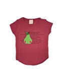 Kız Çocuk Nar Çiçeği Renk Pamuklu Oval Kesim Armut Desenli Kısa Kollu T-shirt