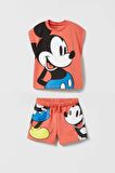 Unisex Çocuk Mickey Mouse Baskılı Pamuklu Bisiklet Yaka T-shirt ve Şort Alt Üst Takım