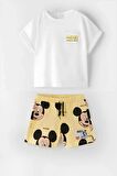 Unisex Bebek & Çocuk Mickey Mouse Baskılı Pamuklu Bisiklet Yaka Beyaz T-shirt ve Şort Alt Üst Takım