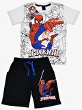 Erkek Çocuk Beyaz Renk Spiderman Örümcek Adam T-shirt ve Siyah Renk Şort Alt Üst 2 Parça Takım