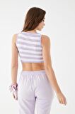 Kadın Lila Renk Mini Boy Çizgili Triko Body Crop