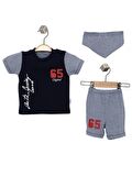 Erkek Bebek Gri Renk Nakışlı Pamuk Mevsimlik Yazlık College T-shirt Önlük ve Şort Takım