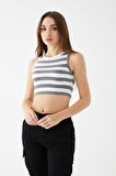 Kadın Füme Renk Mini Boy Çizgili Triko Body Crop