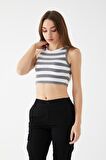 Kadın Füme Renk Mini Boy Çizgili Triko Body Crop