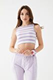 Kadın Lila Renk Mini Boy Çizgili Triko Body Crop