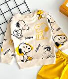 Neşeli Bebekler Snopy Baskılı Desen İki İplik Penye Kumaş Takım Sarı