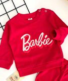 Neşeli Bebekler Barbie Baskılı Desen Parlak Gri Çizgili İki İplik Penye Kumaş Takım Fuşya