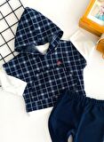 Neşeli Bebekler Kapüşonlu Panço Yelekli Armalı İki İp Kumaş Üçlü Takım Lacivert