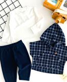 Neşeli Bebekler Kapüşonlu Panço Yelekli Armalı İki İp Kumaş Üçlü Takım Lacivert