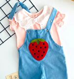 Neşeli Bebekler Kabartma Çilek Figürlü Güpürlü Yaka Kısa Kollu Tişört Uzun Kot Salopet Takım Mavi