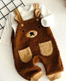 Neşeli Bebekler Welsoft Ayıcık Nakışlı Kulaklı Cepli Salopet Takım Kahve