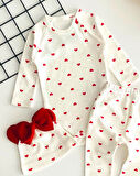 Neşeli Bebekler Fiyonklu Bereli Kalp Baskılı Raporlu Kumaş Üçlü Takım