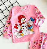 Neşeli Bebekler Baby Kardan Adamlı Baby Duck & Baby Daisy Duck Baskılı Pijama Takım Pembe