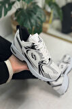 Günlük Unisex Beyaz Siyah Sneaker Kaymaz Yüksek Taban Desenli Triko Bağcıklı Koşu Spor Ayakkabı 530 