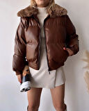 Kadın yakası kürklü deri Düz Renk Fermuarlı Astarlı Puffer şişme mont ,Uzun Kollu Cepli Sonbahar Kış