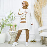 Kadın Şerit Detaylı Paçası Pensli Kapüşonlu Cepsiz Ikili Tunik Pantolon Alt Üst Takım