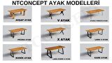 NTConcept Dalgalı Kenar Banklı Tel Sandalyeli Doğal Ahşap Yemek Masası Takımı (Bank + 4 Sandalye) 85x125 cm