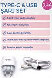 Type-C & USB Girişli 3.4 A Şarj Cihazı 1 Metre Kablo + Adaptör Samsung Oppo Xiaomi Modellerle Uyumlu