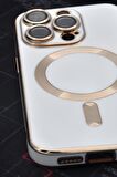iPhone 14 Pro Uyumlu MagSafe Özellikli Lens Korumalı Lazerli Renkli Kılıf Krem