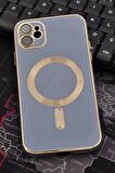 iPhone 11 Uyumlu MagSafe Özellikli Lens Korumalı Lazerli Renkli Kılıf Mavi
