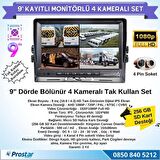9 inç Dörde Bölünür Kayıtlı 256GB SD Destekli 4 Kameralı 720P AHD 4 Pin Soketli Tak Kullan Kamera Se