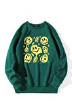 Unisex Smile Gülen Yüz Baskılı Yeşil Oversize Sweatshirt