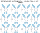 Mavi Tavşan Kostüm Seti – Taç, Papyon, Ponpon (12’li Paket)